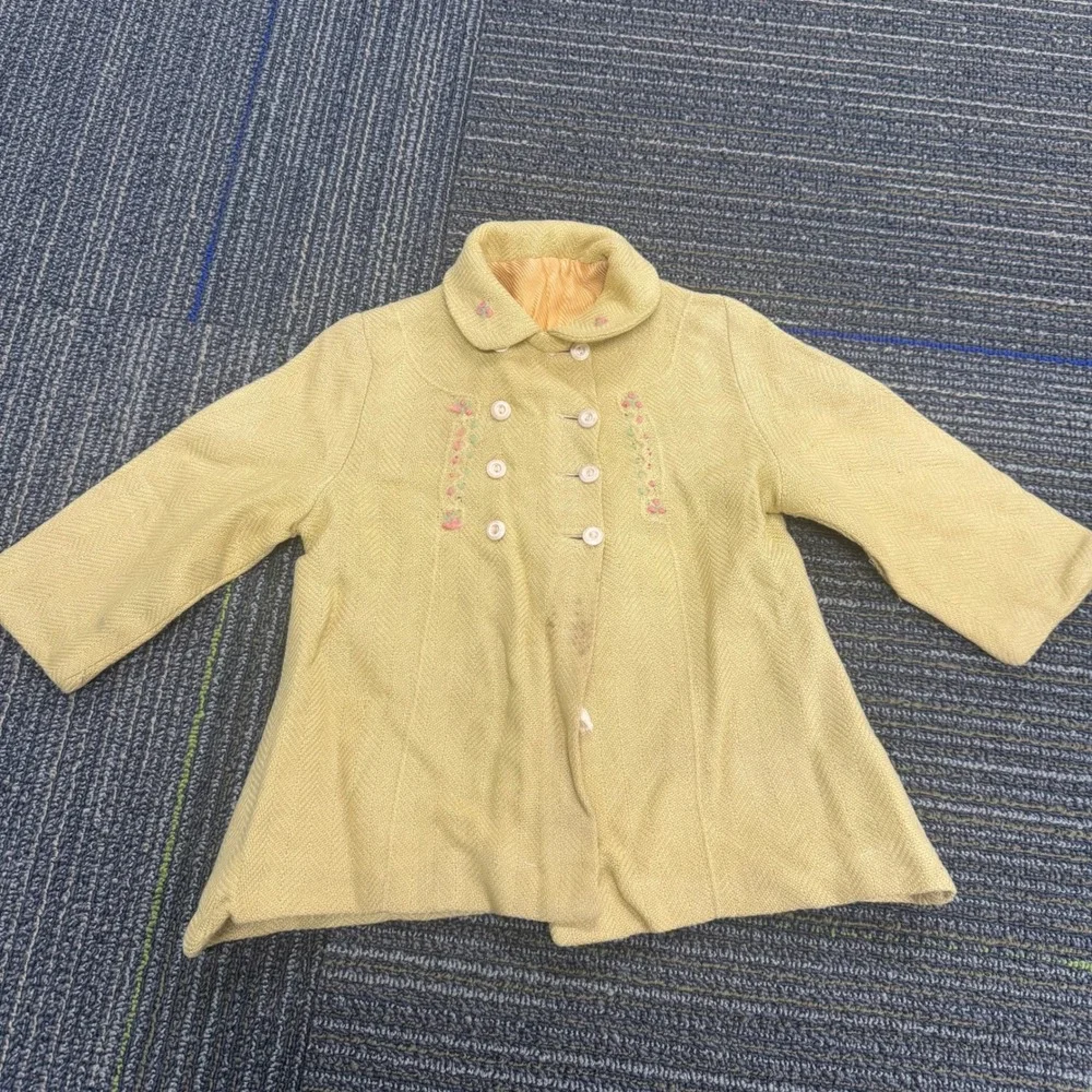 Vintage Herringbone Coat Kids 2T Yellow Fair Embroidered Double Breasted Retro